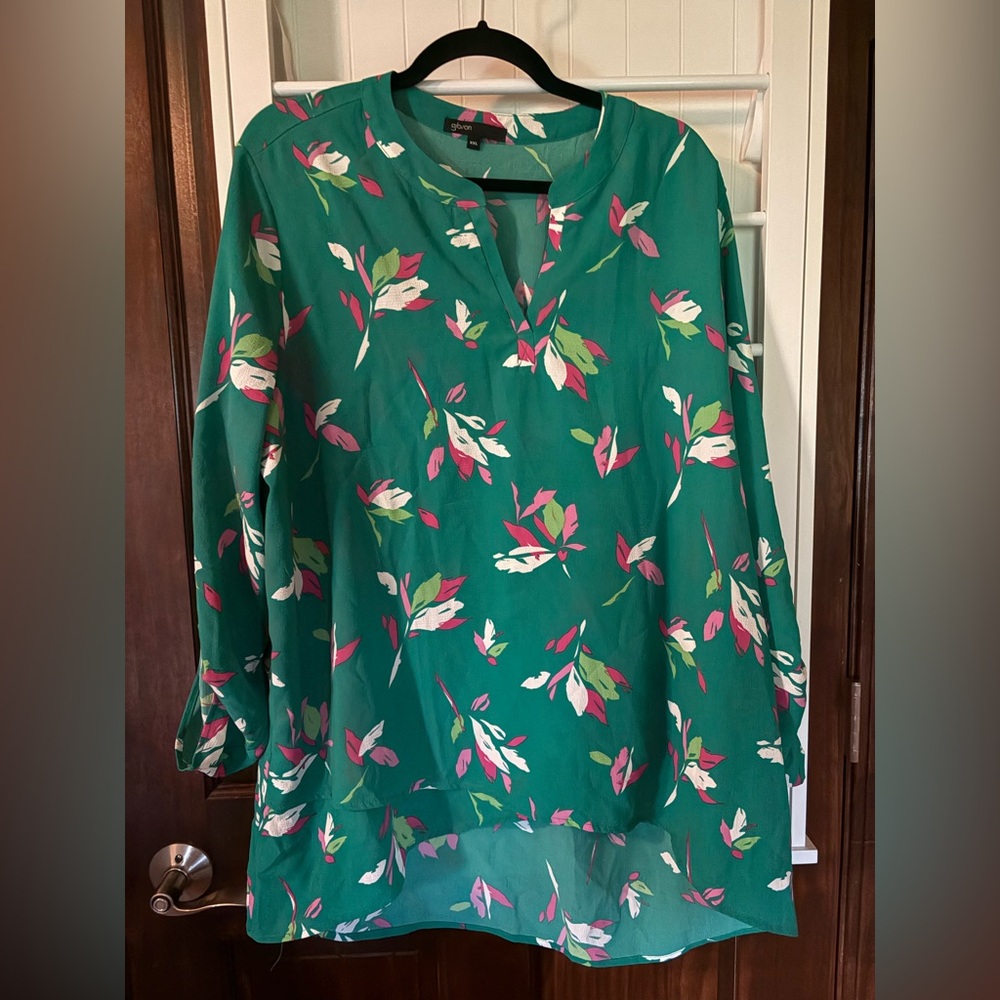 Gibson Green 3/4 Sleeve Boxy Blouse with Mandarin Collar